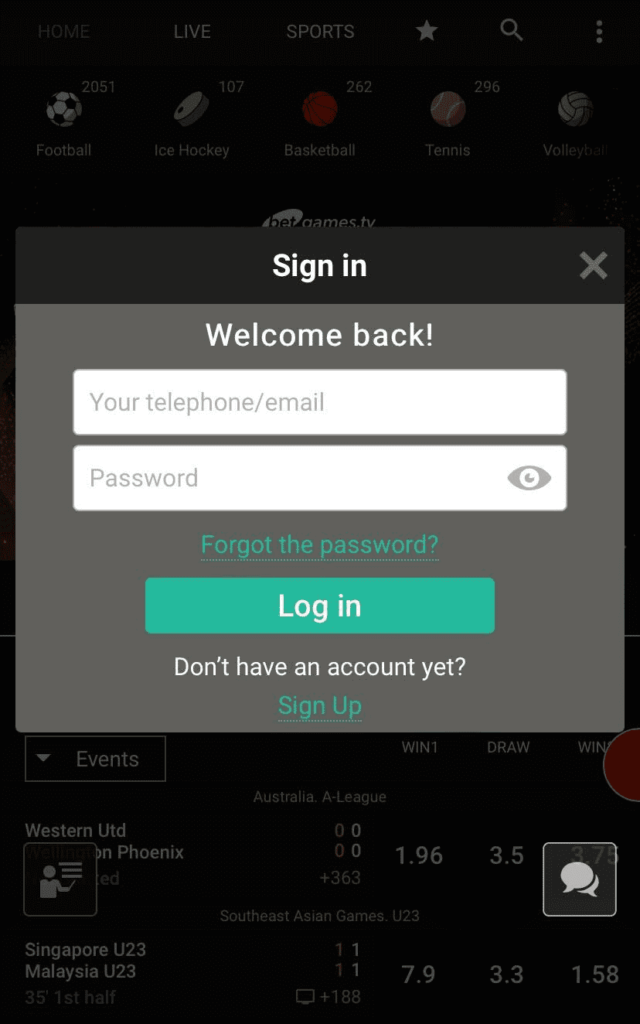 PinUp login and registration app window